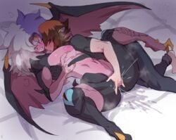 1boy 1girls 3_eyes areolae blue_lips blush breast breasts claws closed_eyes demon demon_girl demon_wings female fingering fingering_partner fingering_pussy highres human jaden_yuki licking licking_partner lightsource lying lying_on_bed messy_hair multi_eye nipples open_mouth pink_skin purple_hair pussy_juice red_eyes single_breast squirting steam white_hair wings yellow_claws yellow_sclera yu-gi-oh! yu-gi-oh!_gx yubel