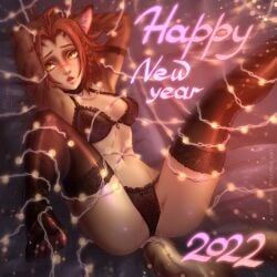 1girls 2020s 2022 20s animal_ear_fluff animal_ears arm_garter armpits arms_behind_head blush body bow_bra bow_panties bra brown_hair cat_ears catgirl cute facing_viewer female fur happy_new_year kitsuneka-san lace-trimmed_thighhighs legs_up lingerie lingerie_only looking_at_viewer m'rissi mrissi narrow_waist new_year_2022 no_shoes panties partially_clothed side_braid skyrim slit_pupils solo solo_female spread_legs tail text thighhighs yellow_eyes