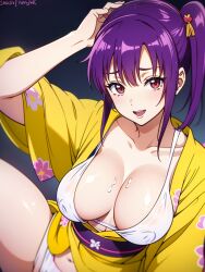 ai_generated big_breasts bikini bra cleavage female female_only gintama hair_ornament hand_on_head idol japanese_clothes kanzashi kimono long_hair looking_at_viewer obi panties pink_eyes ponytail side_ponytail smile solo terakado_tsuu white_bikini white_bra white_panties