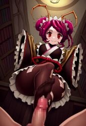 ai_generated bookshelf bug bug_girl cum cum_on_body cute entoma_vasilissa_zeta feet footjob maid maid_outfit mask overlord_(maruyama) red_eyes spider_girl tights