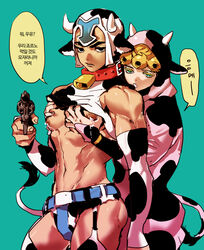 2boys aiming_at_viewer bell_collar breast_grab breast_squeeze collar cow_boy cow_ears cow_horns cow_print cow_print_gloves cow_print_thighhighs cow_print_thong cow_tail cowbell cowboy_shot garter_belt gay giorno_giovanna gloves grabbing_from_behind groping groping_from_behind guido_mista gun jojo's_bizarre_adventure kigurumi lactation long_gloves looking_at_viewer male male_lactation male_only milking nipple_squeeze onesie partially_clothed shirt_lift skimpy thong toned toned_male vento_aureo yaoi yokmangsang