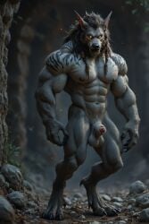 ai_generated canine forest forest_background gay jerk_off knot looking_at_viewer male male_only masturbation muscular_male realistic semi-erect sheath solo werewolf wolf worgen