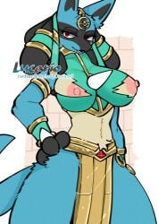 1girls 2d anthro bracelet canid canine clothes english_text female female_focus female_only female_pokemon hand_on_hip long_eyelashes looking_at_viewer lucario midriff multicolored_body multicolored_fur nintendo nipples open_mouth pink_nipples pokemon pokemon_(species) red_eyes ruins_style_lucario snow_angel_(artist) solo text thick_thighs torn_clothes white_background