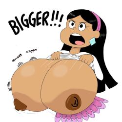 black_hair brown_nipples dark_skin earrings edit godalmite godalmite_(edits) headband huge_nipples hyper_breasts jackee_(the_loud_house) jiggling_breasts motion_lines no_bra onomatopoeia open_mouth shirt_lift the_loud_house white_background