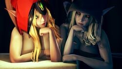 3d 3d_(artwork) blonde_hair blood_elf elf female green_eyes looking_at_viewer red_eyes shang sylvanas_windrunner valeera_sanguinar warcraft white_hair world_of_warcraft wow