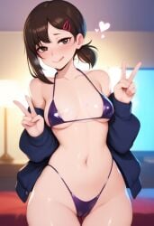 a1exwell ai_generated bikini blush chainsaw_man cute_face double_peace_sign female happy higashiyama_kobeni not_porn off_shoulder peace_sign smile stable_diffusion