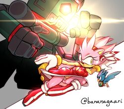 amy_rose badnik bananagaari big_breasts bird boots bracelets breasts dress feral flicky furry gloves hairband nipples_visible_through_clothing panties robot sega sideboob sliding sonic_(series) sonic_the_hedgehog_(series) thick_thighs thighs zero_(sonic)