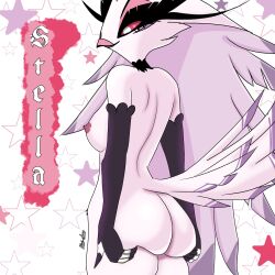 1:1 anthro areola ass avian beak big_butt biped bird breasts demon feathers female hand_on_butt helluva_boss hi_res kiui-chan nipples non-mammal_breasts nude owl owl_demon presenting presenting_hindquarters simple_background solo stella_(helluva_boss) white_body