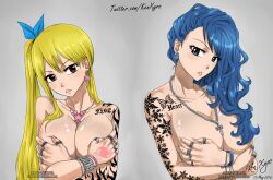 2girls anime_style arya-aiedail big_breasts blonde_hair blue_hair bracelet breasts brown_eyes covering_breasts earrings fairy_tail fairy_tail_mark hair_ornament juvia_lockser long_hair looking_at_viewer lucy_heartfilia multiple_girls necklace pink_tattoo ribbon ring tattoo tattoo_on_hand tattooed_hand topless