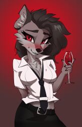 anthro_only belt belt_buckle black_hair blouse blush blushing_at_viewer blushing_female business_attire business_woman highres intern jesterwing leather_belt office_lady office_worker pencil_skirt red_eyes skirt tie tipsy wine wine_glass wolf wolf_girl