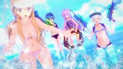 16:9 4girls animal_ears bikini blonde_hair blue_hair charlotte_mei donut gacha gacha_3d gacha_club gacha_life gacha_resort genderswap_(mtf) glasses koikatsu luni_(lunime) lunime purple_hair raphaelzb senpaibuns splashing striped_clothing water_gun white_hair