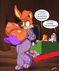 2018 anthro areola big_breasts breast_expansion breasts bunnie_rabbot canine clenched_teeth clothing controller dialogue english_text female fox group hi_res huge_breasts julie-su lagomorph male mammal marine nipples pinniped rabbit remote_control rotor_the_walrus sofa solo_focus sonia_the_hedgehog sonic_(series) sonic_the_hedgehog_(archie) sonic_underground tails teer teeth television text tusks walrus wardrobe_malfunction