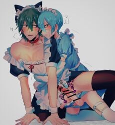 2boys blue_hair cat_ears crossdressing frottage gay glasses green_hair inumuta_houka kill_la_kill maid sanageyama_uzu sweat yaoi