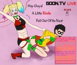 1boy 1girls age_difference ball_gag blonde_hair bondage boy_rape dc dc_comics dick_grayson dildo_in_ass female female_rapist femdom forced gag gagged harley_quinn livestream male male_rape_victim pegging rape restrained reverse_rape robin_(dc) robin_(dick_grayson) rope_bondage sporusmilk strap-on streaming submissive_male