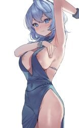 1girls anime_style arm_up armpit_focus armpits blue_hair breasts digital_art digital_drawing_(artwork) digital_media_(artwork) digital_painting_(artwork) dress explicit female girl looking_at_viewer nipple_slip nipples nipples_covered nipples_visible_through_clothing no_bra no_panties partially_clothed solo sweat tagme transparent_clothing uncensored white_background zefra_bleu