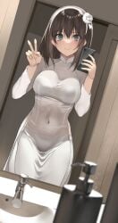 ao_dai blue_eyes blush breasts brown_hair cellphone covered_navel cowboy_shot dutch_angle faucet female flower hair_flower hair_ornament hairband highres holding holding_phone kureha_(ironika) medium_breasts medium_hair mirror navel original phone selfie sliding_doors smile soap_dispenser solo tight_clothes translucent tsubasa_(kureha) v vietnamese_dress