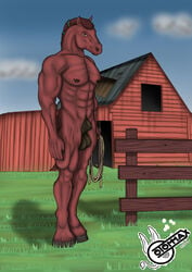 2020 5_fingers abs accessory animal_genitalia anthro balls barn biceps big_balls black_balls black_nipples black_sheath brown_body brown_fur brown_hair brown_tail building casual_nudity cloud day equid equine farm farmer fence fingers flaccid fully_sheathed fur genitals gotommax grass green_hairband hair hair_accessory hair_tie holding_object hooved_fingers hooves horse male male_only mammal muscular muscular_anthro muscular_arms muscular_legs muscular_male nipples nude outside pecks penis plant red_body red_fur rope sheath sky smile solo triceps watermark wood_fence