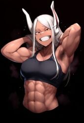 1girl 1girls abs ai_generated armpit armpit_fetish armpit_hair armpits arms_above_head arms_behind_head arms_up bicep biceps boku_no_hero_academia breasts dark-skinned_female dark_skin female female_focus female_only flexing flexing_bicep gloopai grin gym_clothes laugh looking_at_viewer miruko muscular muscular_female my_hero_academia nai_diffusion red_eyes smirk smug sports_bra sportswear steam steaming_body steamy sweat sweatdrop sweating teeth teeth_showing upper_body white_hair