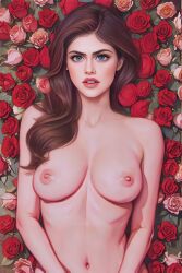 ai_generated ai_reworked alexandra_daddario awaiting_sex bed_of_roses big_breasts blue_eyes brown_hair celebcartoonizer celebrity date_night large_breasts nude realistic roses