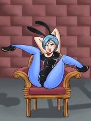 1girls armpits arms_behind_head bare_shoulders blue_eyes blue_hair bondage bowtie bulma bulma_(bunny) bulma_briefs bunny_ears bunnysuit chair chair_bondage dragon_ball dungeon femsub happy_sub high_heels looking_at_viewer riccardus97 sex_slave shueisha slave sole_female spreading_legs submissive_female