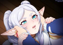 1boy 1boy1girl 1girls aroused big_ears blue_eyes blush cheek_squish clothed_sex ear_grab ear_jewelry ear_piercing earring earrings elf elf_ears elf_female elf_girl embarrassed female female_elf frieren hand_on_another's_head hand_on_head hands_on_another's_head hands_on_head head_grab himmel_(sousou_no_frieren) jewelry light-skinned_female long_ears male male_human/female_elf neocoill pale-skinned_female pointy_ears sousou_no_frieren twintails variant variant_set white_hair