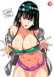 1girls 2d 2d_(artwork) absurd_res areola_peek areola_slip artist_name belly big_breasts breasts cleavage closed_mouth clothing clothing_pull collarbone earrings female female_focus female_only flat_stomach fubuki_(one-punch_man) golden_foxx_(artist) goldenfoxx green_eyes green_hair hair_between_eyes hi_res highres hourglass_figure jacket large_breasts leaning_forward light-skinned_female light_skin looking_at_viewer medium_hair navel nipple_slip nipples one-punch_man open_jacket painted_nails patreon_logo pink_shorts seductive seductive_look seductive_smile short_hair shorts simple_background slim_waist slutty_clothes smile solo straight_hair teasing thick_thighs thighs tight_clothing tight_fit unbuttoned unbuttoned_pants unbuttoned_shorts white_background wide_hips