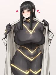 black_bodysuit bodysuit breasts cesara_(project_moon) dravisdraws flashing heart highres lab_coat large_breasts limbus_company narrow_waist opened_by_self pantyhose presenting_breasts project_moon skin_tight tharja_(fire_emblem) turtleneck turtleneck_bodysuit wide_hips yellow_eyes