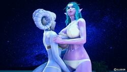 2girls big_breasts blue_skin bra breasts busty closed_eyes curvy draenei elf female female_only green_hair hand_on_thigh multiple_girls night_elf nipples_visible_through_clothing open_mouth panties panties_aside purple_skin pussy shang thick tyrande_whisperwind vagina warcraft white_hair world_of_warcraft wow yrel yuri