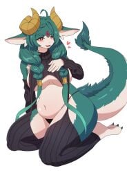 anthro armwear aruri's_mom_(whooo-ya) blush breasts clothing countershading curved_horns dragon eyebrows eyelashes feet female forehead_jewel fur furred_dragon green_body green_fur green_hair hair hand_on_chest heart hi_res horn horns kneeling legwear mintbananacake navel open_mouth original panties pear-shaped_figure pear_shaped smiling solo sweater tail tail_tuft thick_thighs topwear tuft underwear virgin_destroyer_sweater white_body white_fur white_hair