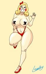 2024 2d 2d_(artwork) 2d_artwork big_ass big_breasts big_thighs blonde_hair blush bow doll doll_joints fat_ass heart-shaped_pupils high_heels lewdy miss_delight mob_entertainment poppy_playtime poppy_playtime_(chapter_3) red_high_heels red_panties self_upload shiny_skin smiling smiling_at_viewer solo standing_on_one_leg taped_nipples thick_thighs toy waving waving_at_viewer