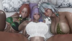 3d 3girls bikini china_dress dark-skinned_female hong_meiling huge_breasts marisa_kirisame motor_okaki patchouli_knowledge reimu_hakurei touhou