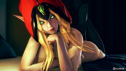 1girls ass big_breasts blonde_hair blonde_hair blood_elf breasts busty curvy elf female female female_only green_eyes laying_down laying_on_bed looking_at_viewer shang solo thick thighs valeera_sanguinar warcraft world_of_warcraft wow