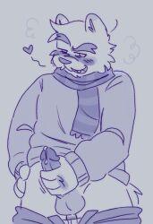 1boy anthro bear big_penis blush boxers_down club_penguin club_penguin_island d0ttie_h0rnie_(artist) fluffy furry heart herbert_p._bear looking_at_viewer masturbating monochrome pants_down penis_in_hand polar_bear precum_drip raised_eyebrow scarf smug_grin solo solo_male squinted_eyes steam stroking_penis sweater_lift