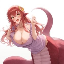 1girls ai_generated aigbrea amber_eyes areola areola_slip areolae areolae_peeking areolae_slip bottomless breasts cleavage fang female hair hair_ornament lamia long_hair miia_(monster_musume) monster_girl monster_musume_no_iru_nichijou naga nipple_peek nipple_slip open_mouth pink_shirt red_hair red_scales scales shirt_only simple_background solo topwear topwear_only