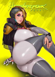 2020 big_breasts big_thighs cd_projekt_red color cybernetics cyberpunk cyberpunk_(series) cyberpunk_2077 female_only green_eyes hijabolic jamila_(hijabolic) large_breasts large_thighs nails original_character skin_tight smile smiling solo