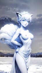 1girls ai_generated alolan_vulpix anthro bare_breasts big_breasts blue_eyes clothing cortezian_generations female fox_ears fox_tail hi_res nintendo nipples patreon pokemon pokemon_(species) pokephilia regional_form_(pokémon) skirt snow solo tail topless vulpix white_body white_hair white_skin