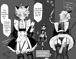 1boy aether_(genshin_impact) black_and_white comic crossdressing femboy gay genshin_impact groping long_hair looking_at_viewer maid maid_headdress male panties pcrow_(twitter) pnk_crow stockings