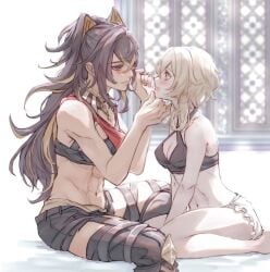 2girls abs applying_makeup athletic athletic_female bed black_bra black_crop_top black_shorts blonde_hair blue_eyes bra breasts brown_hair cat_ears crop_top dehya_(genshin_impact) femdom fit fit_female genshin_impact kabutiroot long_hair lumine_(genshin_impact) makeup medium_breasts midriff multicolored_hair navel on_bed red_crop_top short_hair shorts white_shorts window yellow_eyes yuri