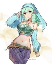 1girls alternate_costume bare_shoulders blue_crop_top blue_pants blue_veil breasts breath_of_the_wild byleth_(female)_(fire_emblem) byleth_(fire_emblem) byleth_(fire_emblem)_(female) commentary_request cosplay cowboy_shot crop_top crossover crossover_cosplay detached_sleeves fire_emblem fire_emblem:_three_houses gerudo_link_(cosplay) gerudo_outfit gerudo_set_(zelda) gerudo_top green_eyes green_hair halterneck harem_outfit highres large_breasts link_(cosplay) long_hair looking_at_viewer lowleg_pants midriff navel nintendo pants parted_lips purple_pants solo standing stomach the_legend_of_zelda the_legend_of_zelda:_breath_of_the_wild veil white_background yomusugara_(uzo-muzo)