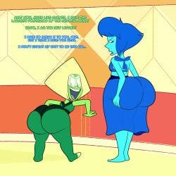 2girls alien alien_girl ass badonkadonks big_ass blue_hair blue_skin cartoon_network dialogue english_text female female_only gem gem_(species) gem_on_forehead green_skin huge_ass lapis_lazuli_(steven_universe) large_ass multiple_girls peridot_(steven_universe) scobionicle99 shortstack smile standing steven_universe text