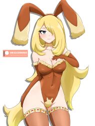 1girls blonde_hair breasts brown_leotard bunny_ears choker cosplay cynthia_(pokemon) elbow_gloves emixxcerberus fake_animal_ears game_freak gloves grey_eyes hair_over_one_eye highleg highleg_leotard large_breasts leotard long_hair looking_at_viewer lopunny lopunny_(cosplay) milf nintendo playboy_bunny pokemon pokemon_(cosplay) pokemon_dppt thighhighs white_background