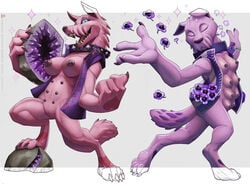 <3_marking 2018 action_pose amethyst_(gem) anthro bottomless breasts canid claws closed_eyes clothed clothing collar conditional_dnp crotchboobs diamond_dog_(mlp) duo female flower friendship_is_magic gem genitals geode hasbro holding_object looking_at_viewer loupgarou mammal mostly_nude multi_breast multi_nipple my_little_pony nipples non-human_areolae open_mouth plant pose pussy simple_background sparkles standing studded_collar topwear vest walking white_background