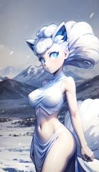 1girls ai_generated alolan_vulpix anthro big_breasts blue_eyes clothing cortezian_generations female fox_ears fox_tail hi_res nintendo patreon pokemon pokemon_(species) pokephilia regional_form_(pokémon) snow solo tail vulpix white_body white_hair white_skin