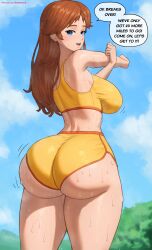 1girls ass bimbo blue_eyes booty_shorts breasts dat_ass dolphin_shorts female hi_res huge_ass huge_breasts large_breasts light-skinned_female light_skin long_hair mario_(series) nintendo orange_hair princess_daisy short_shorts shorts sportswear superbusty sweat sweaty_body yellow_shorts