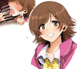 1boy 1girls brown_hair censored clothed clothed_female clothed_female_nude_male dark-skinned_male dark_skin fellatio female grin honda_mio idolmaster idolmaster_cinderella_girls licking_penis male naked nude nude_male oral satou_makura short_hair sweat