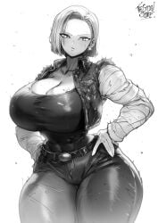 1girls alternate_color alternate_version_available android_18 cameltoe cleavage curvy dragon_ball erect_nipples female gigantic_breasts huge_areolae huge_ass jeans monochrome puffy_nipples short_hair short_hair_female thegoldensmurf thick_lips voluptuous wide_hips