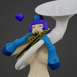 1girls 3d atlus belly_button blender blender_(software) blue_hair brass_instrument breasts dld493v2 elizabeth_(persona) female gloves hat heart large_breasts looking_aside megami_tensei musical_instrument nipples persona persona_3 playing_instrument puffed_cheeks self_upload short_hair solo solo_female sousaphone tuba yellow_eyes