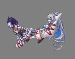 blindfold bondage bound bronya_zaychik gag gagged gray_hair honkai_(series) honkai_impact_3rd purple_hair seele_vollerei shared_object_insertion tied_together tied_up vibrator