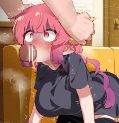 1boy ^^^ absurdres all_fours anime_style bar_censor black_shirt black_thighhighs blush breasts censored constricted_pupils couch deepthroat dragon_girl dragon_horns ear_blush erection fellatio female gloom_(expression) gradient_hair heavy_breathing highres horn_grab horns ilulu_(dragon_maid) ilulu_(maidragon) indoors irrumatio kobayashi-san_chi_no_maidragon mixed-language_commentary mizumizuni motion_lines multicolored_hair nose_blush on_couch oral paid_reward_available penis pink_eyes pink_hair pointy_ears purple_hair rape saliva saliva_on_penis shirt short_sleeves slit_pupils solo_focus straight sweat tearing_up thighhighs twintails variant_set x-ray yellow_horns