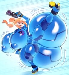 angstrom blonde_hair gun heels hyper_ass hyper_breasts kicking latex metroid nipple_bulge ponytail samus_aran skintight zero_suit_samus